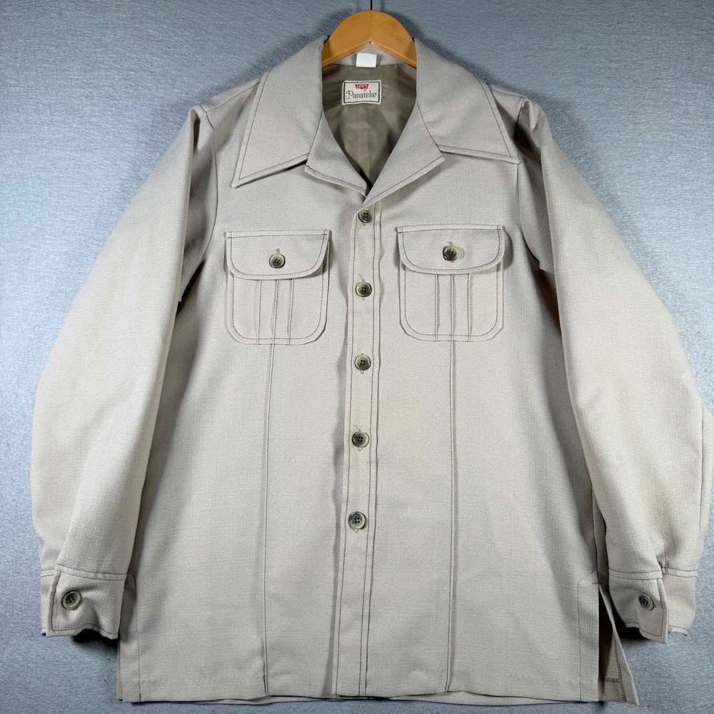 Levis Panatela Vintage 70s Safari Shirt Jacket Tan Beige Disco Collar Mens Large - Picture 1 of 12